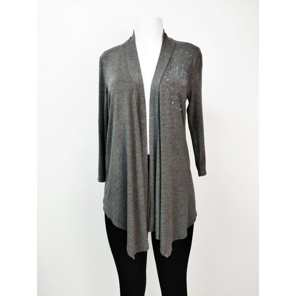 Nerium Womens Open Cardigan Size M Gray Bling Logo Sweater 3/4 Sleeve Jeff Olson - Picture 4 of 11